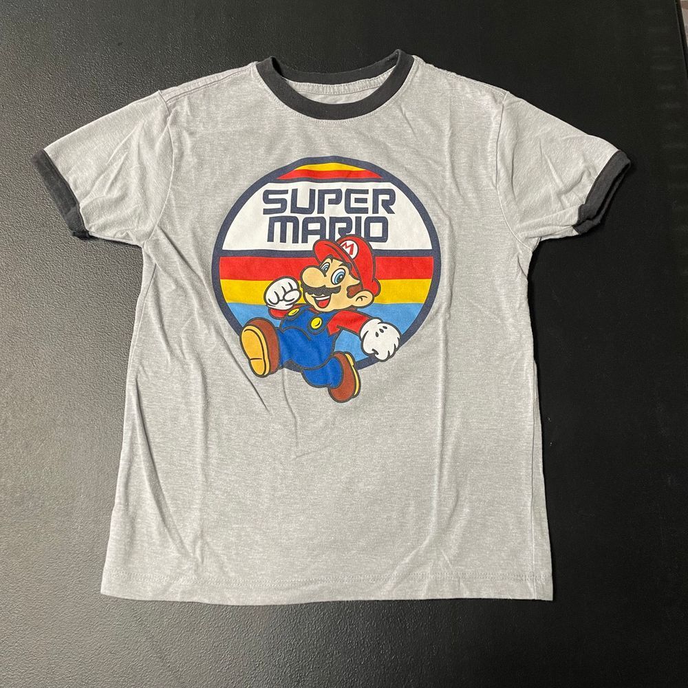 Super Mario Gray Black Graphic Print T Shirt Casual‎ Wear Comfort Kids Size M